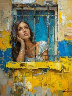 a painting of a woman looking out the window with her hand on her chin, painted in yellow and blue