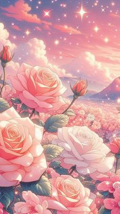 pink roses are blooming in the field with stars and clouds above them at night