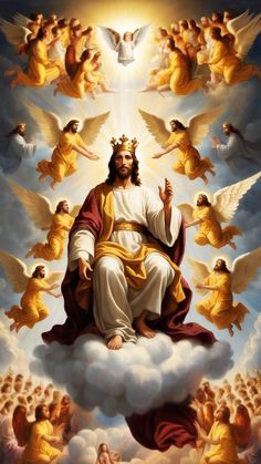 an image of jesus surrounded by angels on a cloud with the sun shining above him