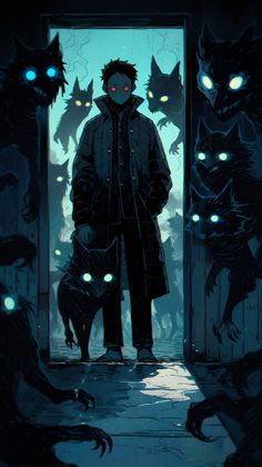 a man standing in front of an open door with glowing eyes and demon heads on his face