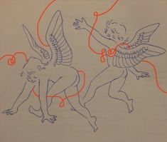 an image of two cherubs with red lines on them and one angel holding a string