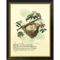 a framed print with a baby in a nest on top of a tree branch and an inscription