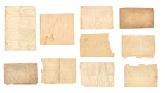 nine pieces of old paper laid out on top of each other, including one with torn edges