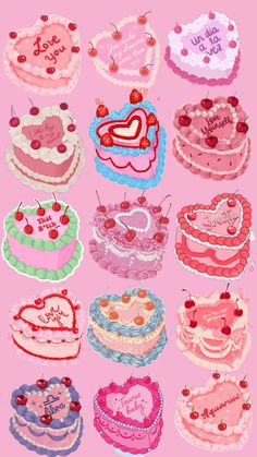 a bunch of heart shaped cakes on a pink background