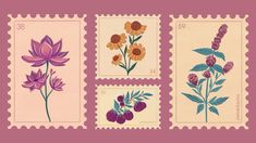 four stamps with flowers on them are shown in three different colors and sizes, one is purple