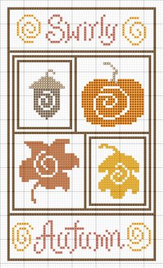 a cross stitch pattern with the words sunny on it and four pumpkins in different colors