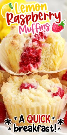 lemon raspberry muffins are stacked on top of each other, with the title