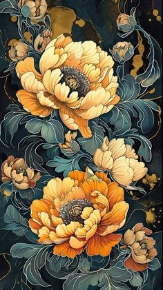 an artistic painting of yellow and blue flowers on a black background with gold leafy leaves