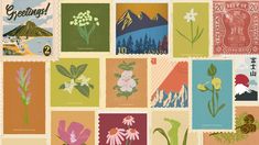 a bunch of stamps with flowers and plants on them, all in different colors from green to red