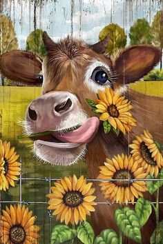 a painting of a cow with sunflowers around it's neck and mouth