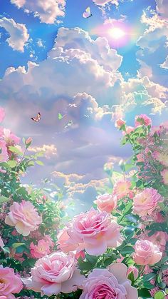 pink roses are blooming in front of a blue sky with white clouds and butterflies