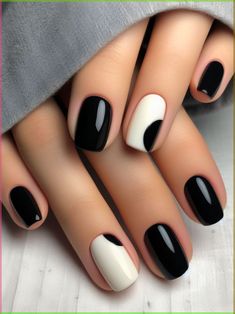 Gel Chic: 50 Sleek Nail Designs for Women Nail Art With Black And White Nail Polish, Black Gel Polish Nail Designs, Natural Nails Black Design, Black And White Party Nails, Black And With Nails, Black And White Nails Classy, Black And White Nails Opposite Hands, Black Nails Minimalist, Black And White Nails Dip