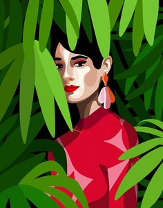 a woman in red is surrounded by green leaves and has earrings on her head, she's looking at the camera