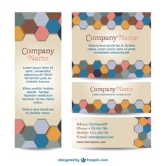 three business cards with hexagonal shapes