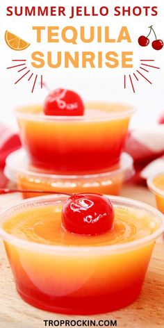 two bowls filled with orange jello shots on top of a wooden cutting board and text overlay reads, summer jello shots tequila sunrise