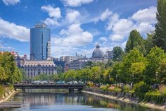 a river running through a city with tall buildings on either side and trees lining both sides