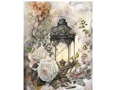 a painting of a lantern with flowers on it