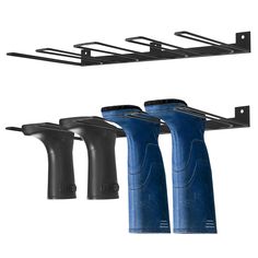 three black and blue pipe holders hanging from the ceiling with metal brackets on each side