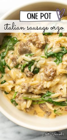 a bowl of pasta with text overlay that reads one pot italian sausage orzo Italian Sausage Orzo, One Pot Italian, Sausage Orzo, Salt And Lavender, One Pot Orzo, Easy Italian Meatballs, Sausage And Spinach, Orzo Recipe, Clean Meal Prep