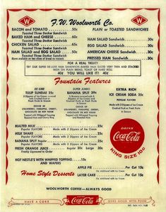 an old menu from the 1950's with coca - colas and other beverages