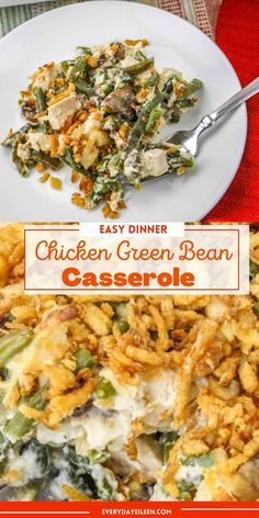 easy dinner chicken green bean casserole on a white plate with a red napkin