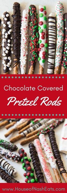 chocolate covered pretzel rods with candy canes and sprinkles