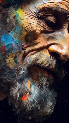 an old man's face is painted with multicolored paint and shading