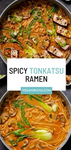 spicy tonkatsu ramen in a pan with broccoli and mushrooms