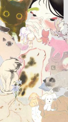 a collage of cats, dogs and other animals in pastel colors on paper