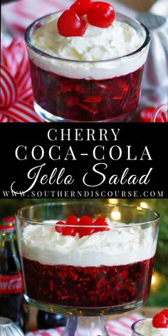 cherry coca cola jello salad with whipped cream and cherries