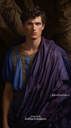 a painting of a young man dressed in roman garb and holding a purple shawl