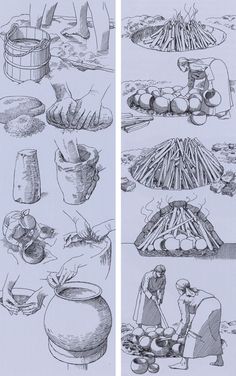 two pages showing different types of food and cooking utensils, one is drawn in black ink