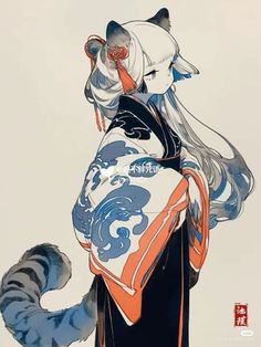 a woman with long hair wearing an orange and blue kimono holding a white cat