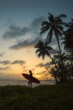 a woman holding a surfboard standing on top of a lush green field next to the ocean