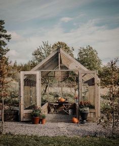 an old greenhouse with potted plants in it