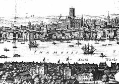 an old black and white drawing of a city with ships on the water in front of it