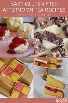 the collage shows different types of cakes and desserts with text that reads easy gluten free afternoon tea recipes