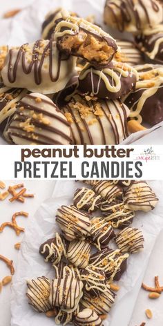 peanut butter pretzel candies with chocolate drizzled on top and salted peanuts in the middle