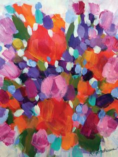 an abstract painting of colorful flowers in a vase