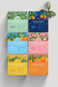 an assortment of cards with oranges and leaves on them, all in different colors