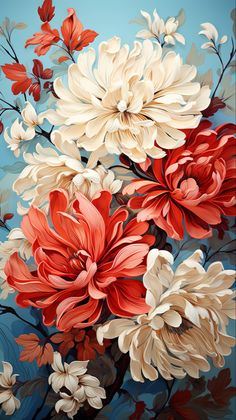 a painting of red and white flowers on a blue background