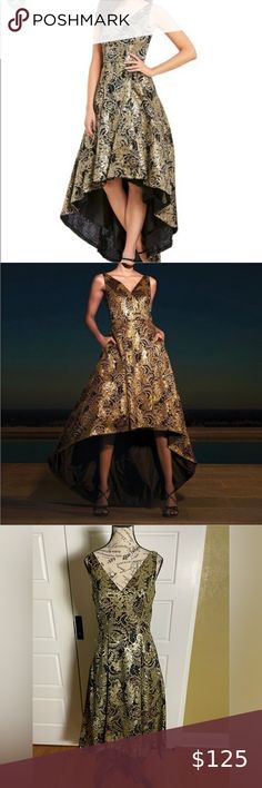 Calvin Klein V-neck Hi Low Black & Gold Metallic Sequin Dress Black And Gold Dress, Special Event Dresses, Dress Luxury, Event Dress, Luxury Fabric, Statement Dress, Draped Fabric, Gold Dress, Event Dresses