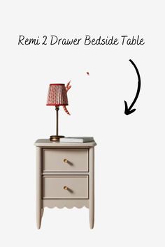 an image of a bedside table with a lamp on it and the words reni 2 drawer bedside table below