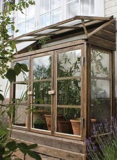 an old wooden greenhouse with potted plants in the window and flowers growing out of it