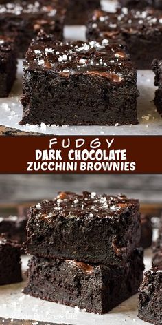 fudgey dark chocolate zucchini brownies are stacked on top of each other