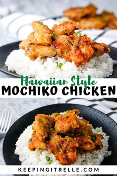 hawaiian style mochiko chicken served over rice on a black plate with green garnish