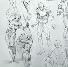 some sketches of people doing different things in front of them with one man holding a baseball bat