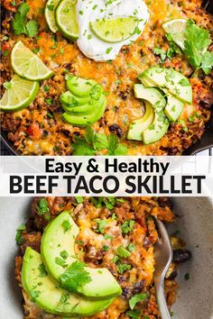 an easy and healthy beef taco skillet with avocado