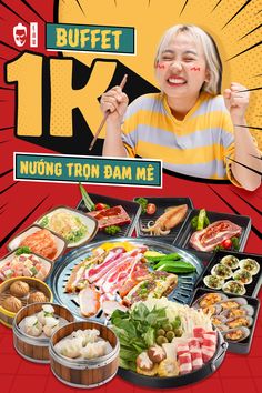 a woman holding a fork in front of a bunch of food on a tray with chopsticks