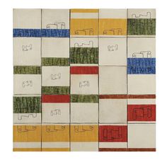 an abstract painting with different colors and patterns on it's sides, including red, yellow, green, blue, and white squares